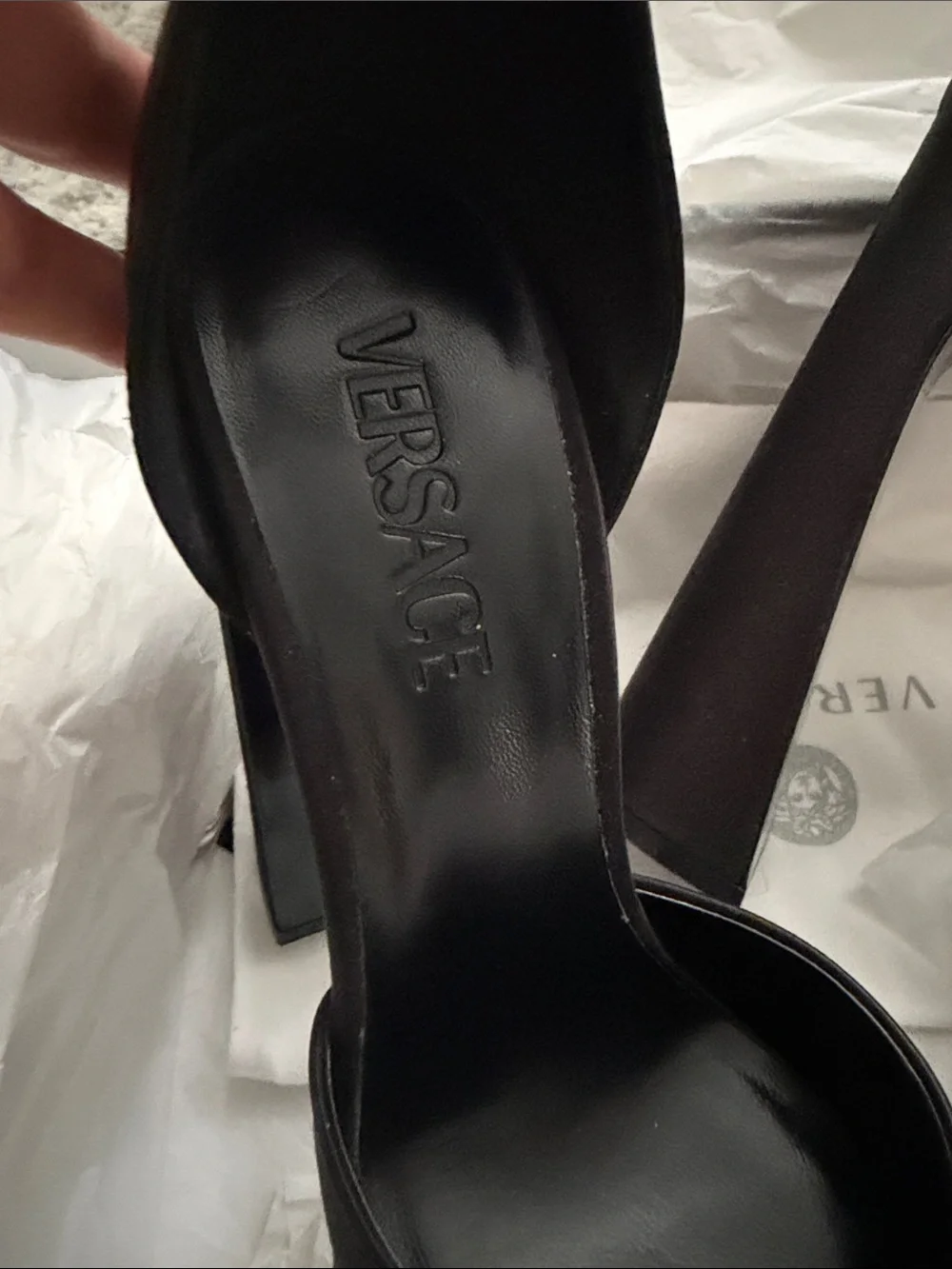 Versace Black Satin Platform Slingback Heels with Crystal-Strap Accents